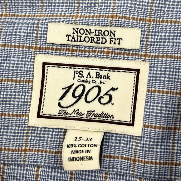 Jos A Banks Tailored Fit Blue Plaid Mens (15) Small Long Sleeve Button Up Shirt - Picture 7 of 8